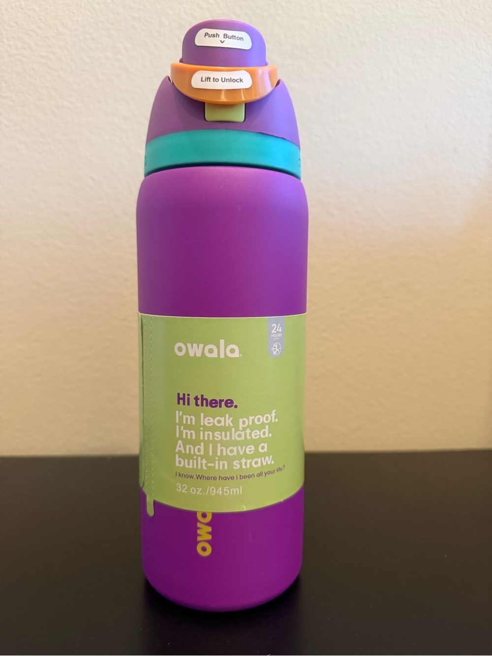 Purple Insulated Leak-Proof Water Bottle with Built-In Straw 32 oz